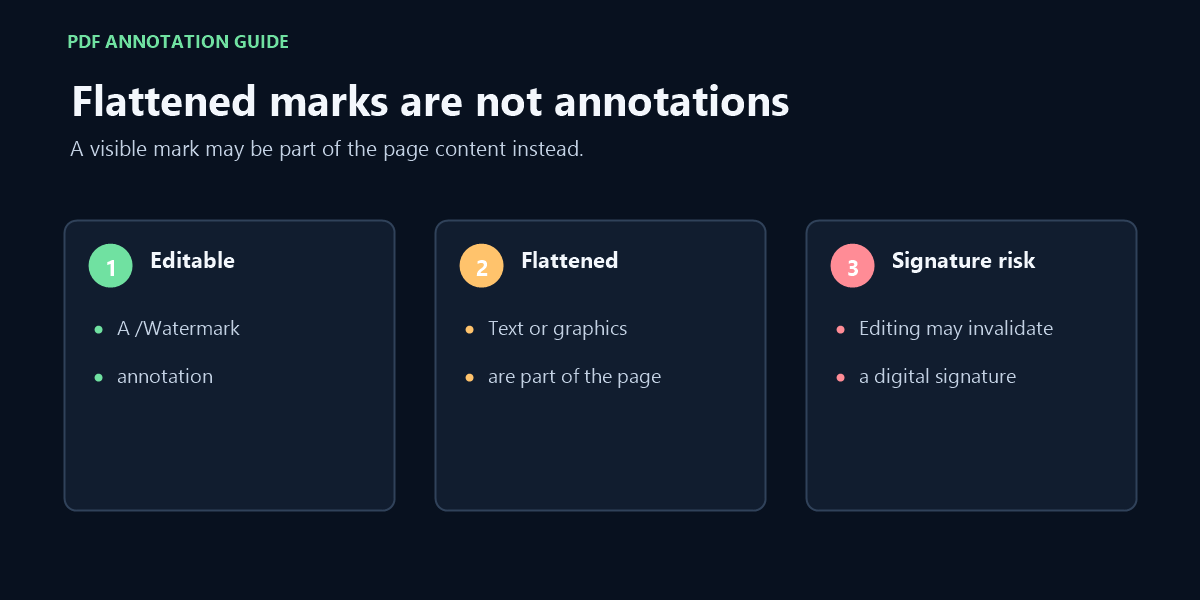 Editable watermark annotation contrasted with flattened page artwork and signed-document risks.