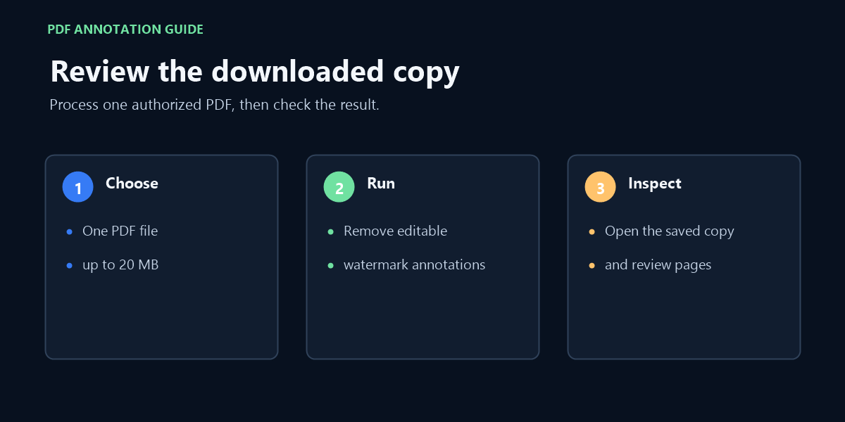 Process one PDF, download the result, and open it to inspect its pages.