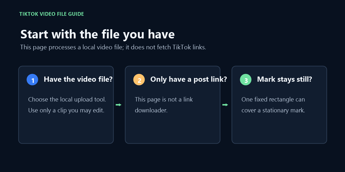 Decision guide: choose a local video file, not a TikTok post link, and check whether its visible mark stays stationary.